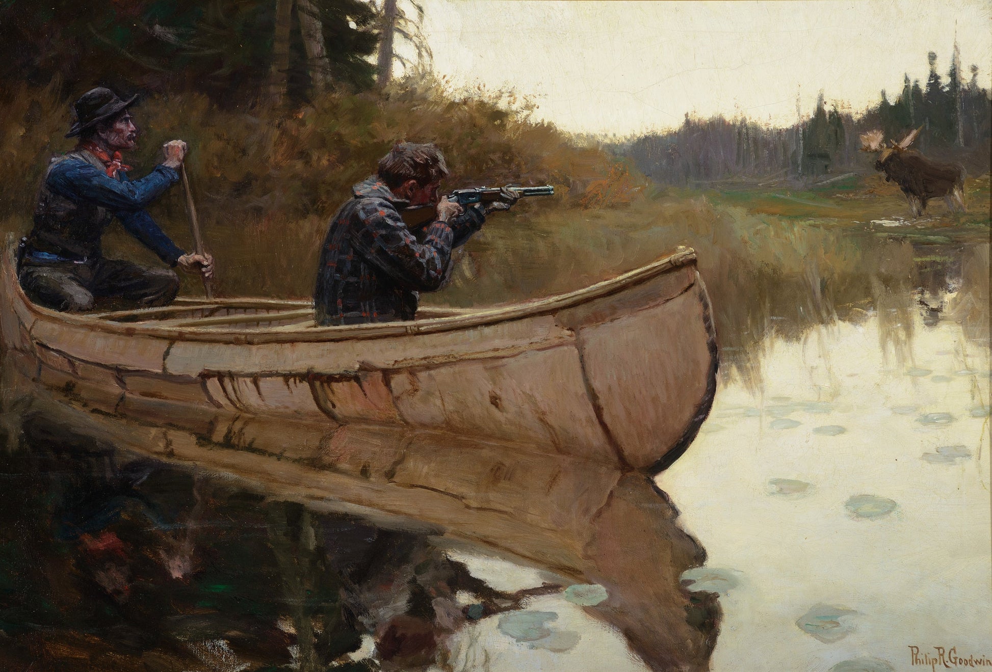 {{ product_title }} Fine Art Print | {{ product_vendor }} Jakero77 Philip Goodwin - Moose Hunters Lake McDonald (1910) Fine Art Print Art Print  Jakero77