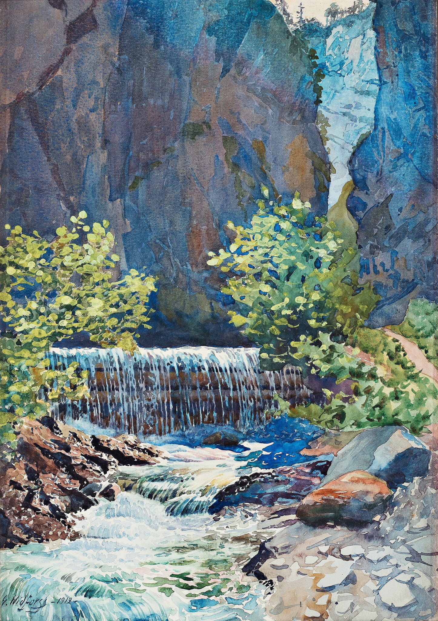 Gunnar Widforss - From Tyrol (1912) Waterfall Mountain - 17"x22" Fine Art Print