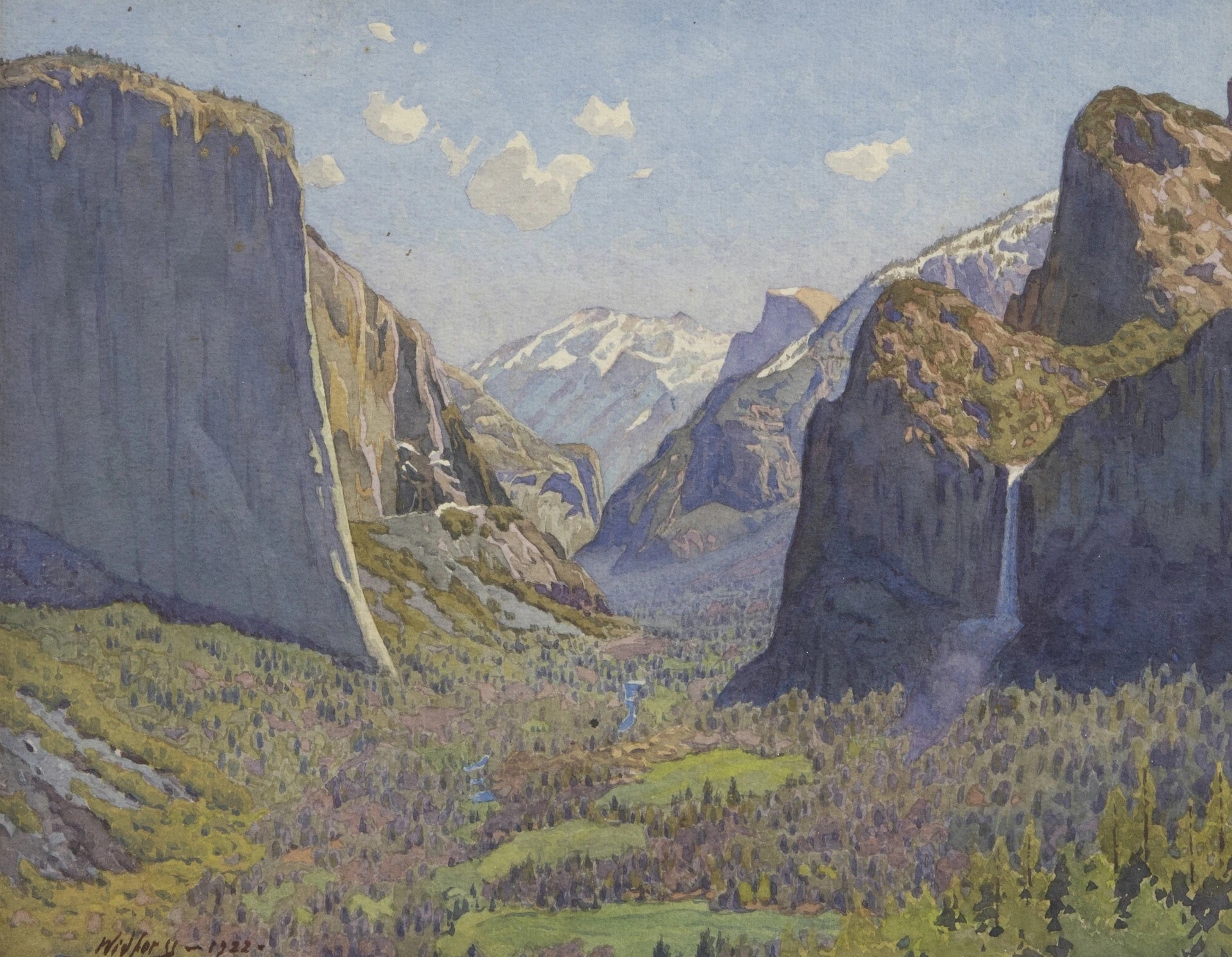 {{ product_title }} Fine Art Print | {{ product_vendor }} Jakero77 Gunnar Widforss - Yosemite Valley with Waterfall (1922) Fine Art Print Art Print  Jakero77
