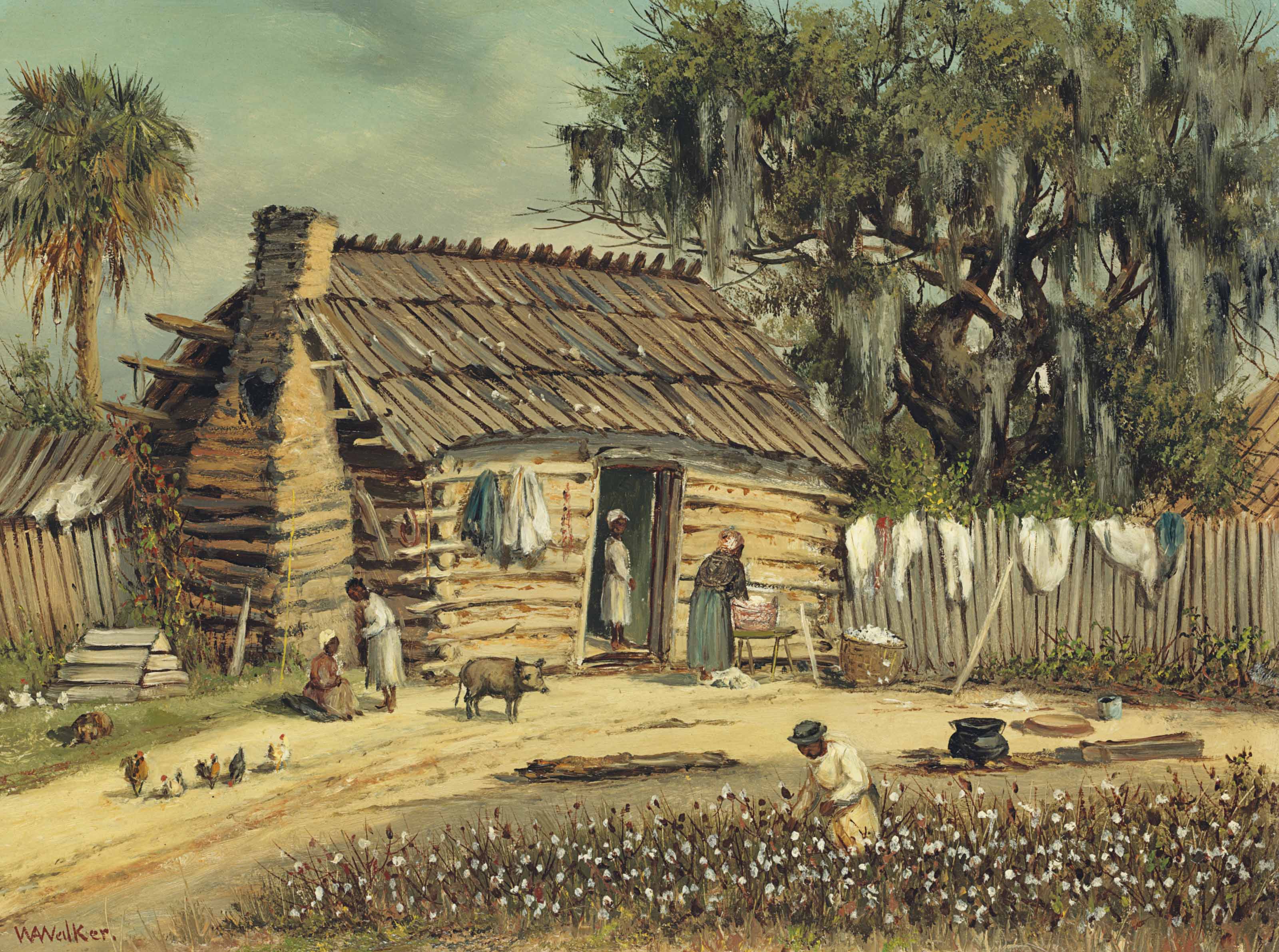 {{ product_title }} Fine Art Print | {{ product_vendor }} Jakero77 William Aiken Walker - Log Clay Cabin Moss-Covered Oak Tree Palmetto (1880s) Fine Art Print Art Print  Jakero77