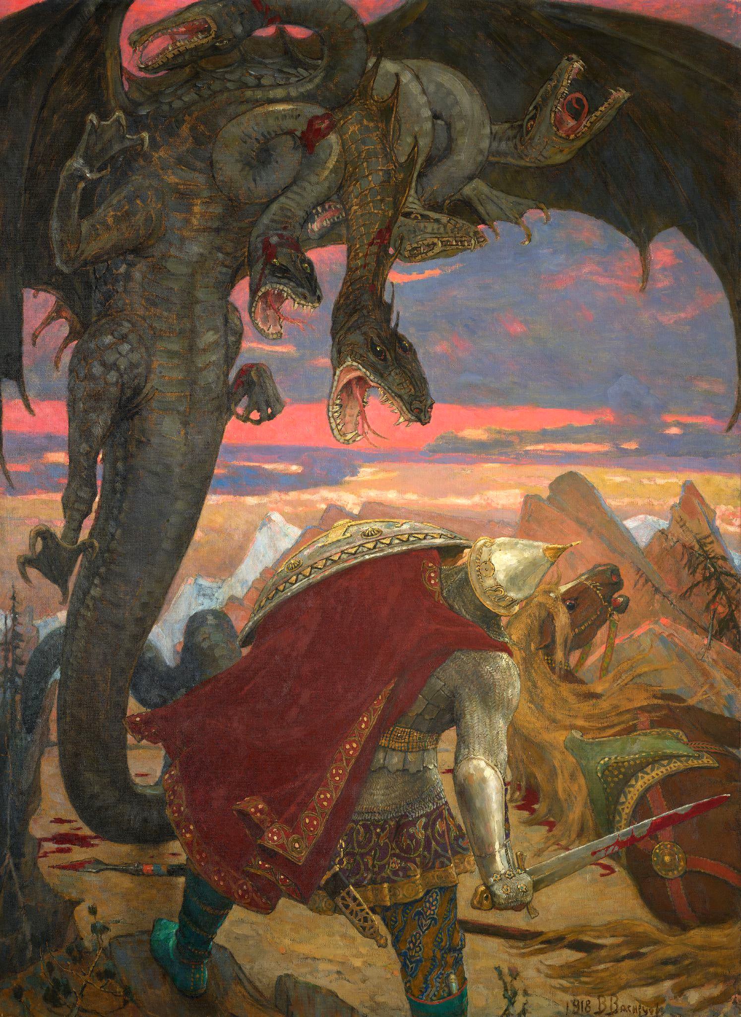 Viktor Vasnetsov - Dobrynya Nikitich's Battle Seven-Headed Dragon Serpent Gorynych (1918) - 17"x22" Fine Art Print