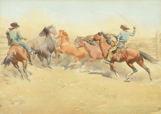 {{ product_title }} Fine Art Print | {{ product_vendor }} Jakero77 Maynard Dixon - The Horse Corral (1945) Cowboys Roping Fine Art Print Art Print  Jakero77