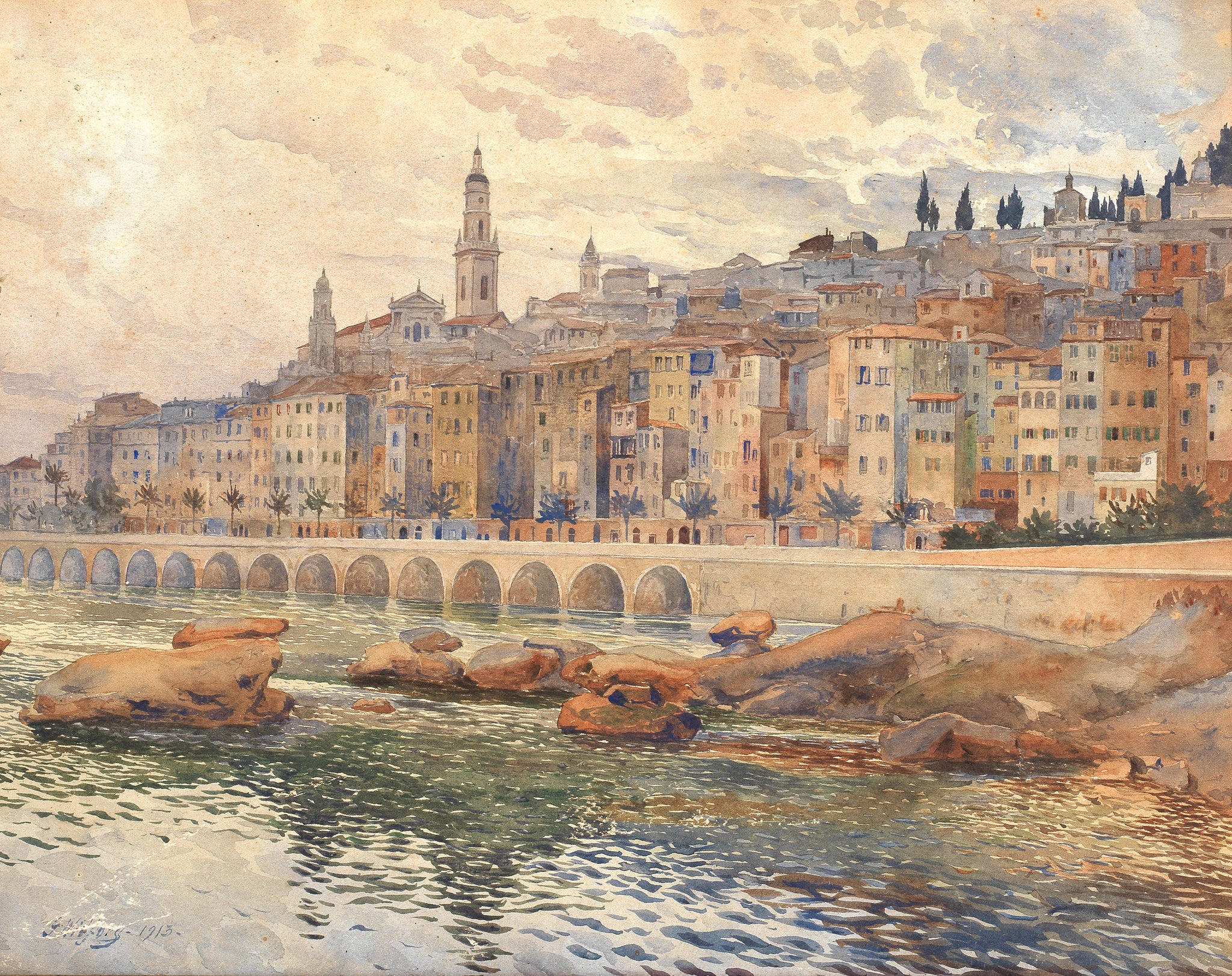 Gunnar Widforss - The Harbour at Menton, France (1913) - 17"x22" Fine Art Print