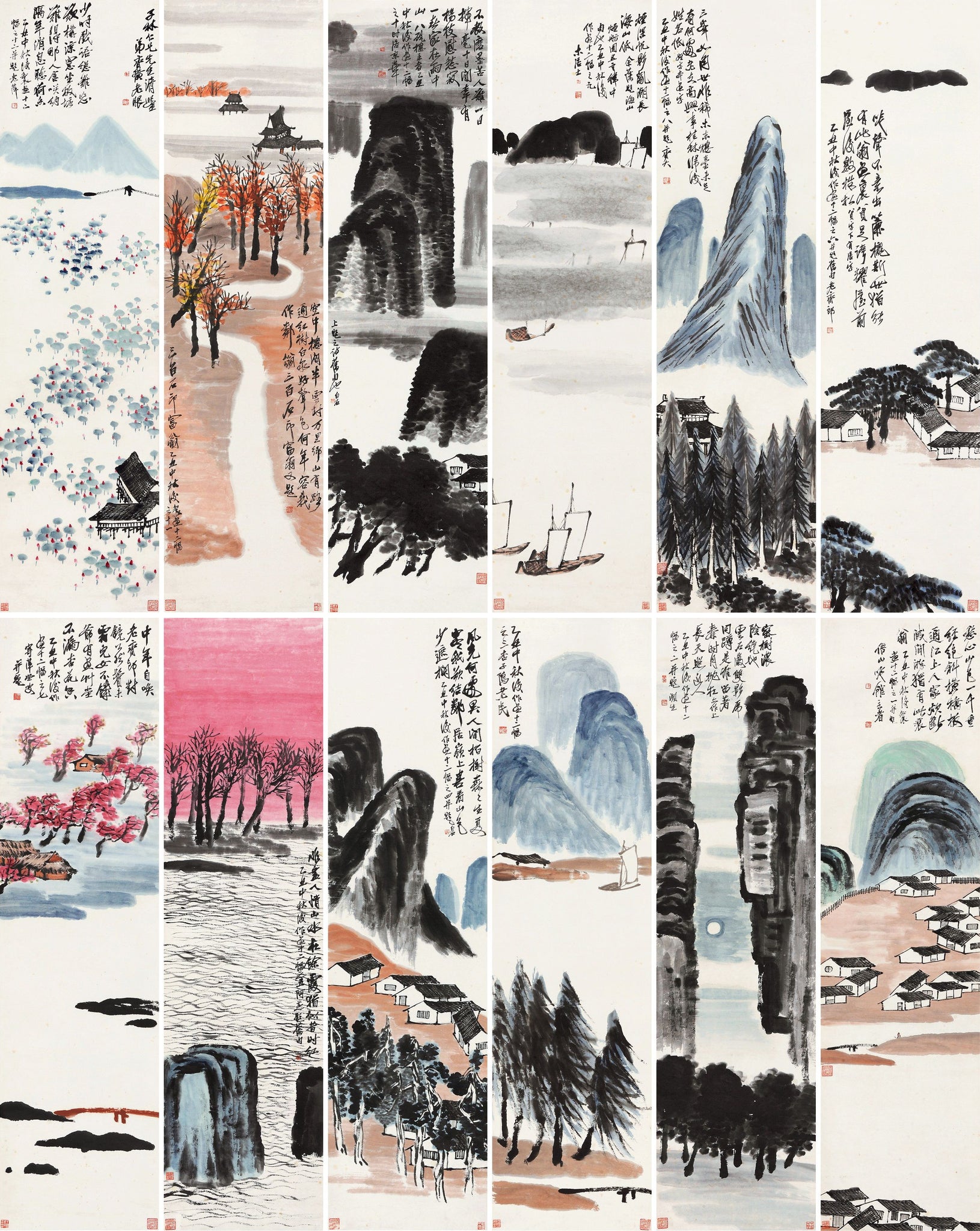 Qi Baishi - Twelve Landscape Screens (1925) Chinese - 17" x 22" Fine Art Print