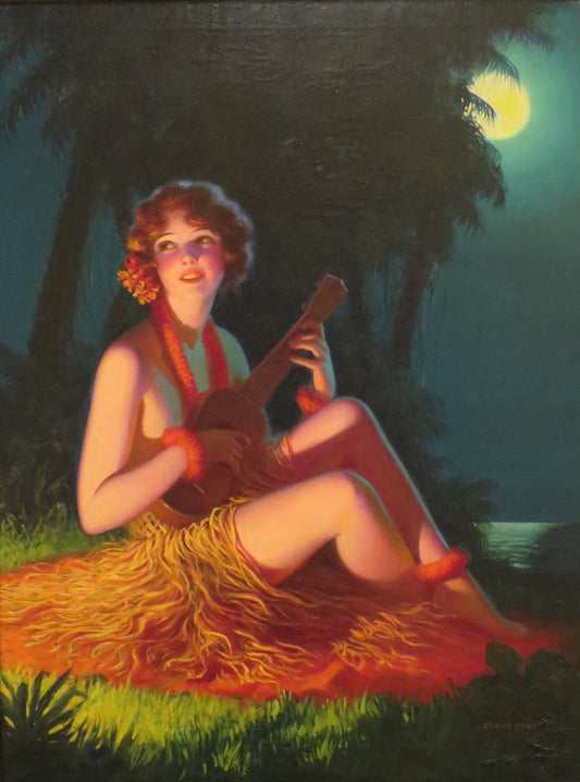 {{ product_title }} Fine Art Print | {{ product_vendor }} Jakero77 Edward Mason Eggleston - Isle of Dreamy Melodies, Girl in Moonlight with Banjo Ukulele (1925-30) Fine Art Print Art Print  Jakero77