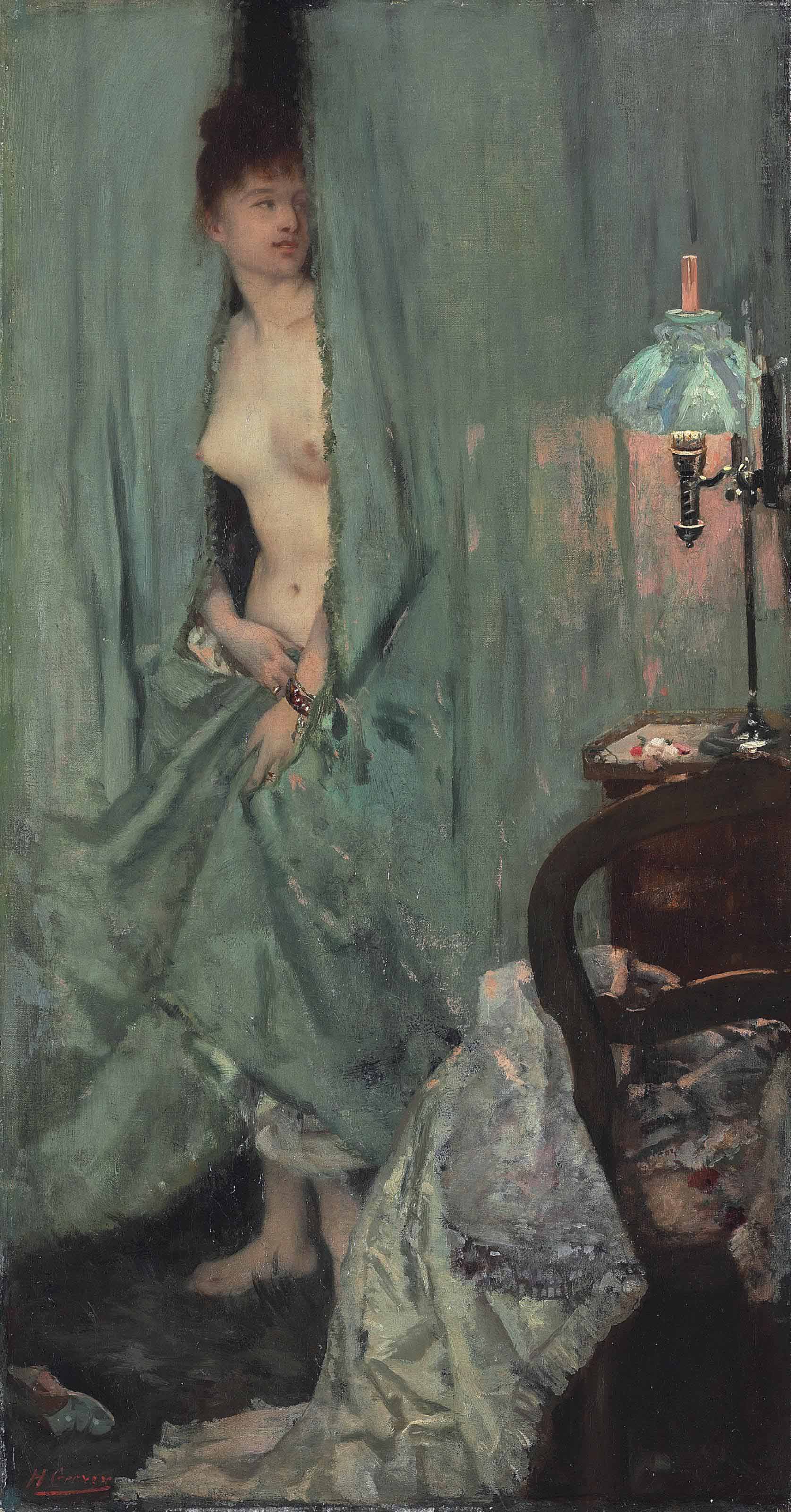 {{ product_title }} Fine Art Print | {{ product_vendor }} Jakero77 Henri Gervex - Visite imprévue (1878) Shy Nude Boudoir Fine Art Print Art Print  Jakero77