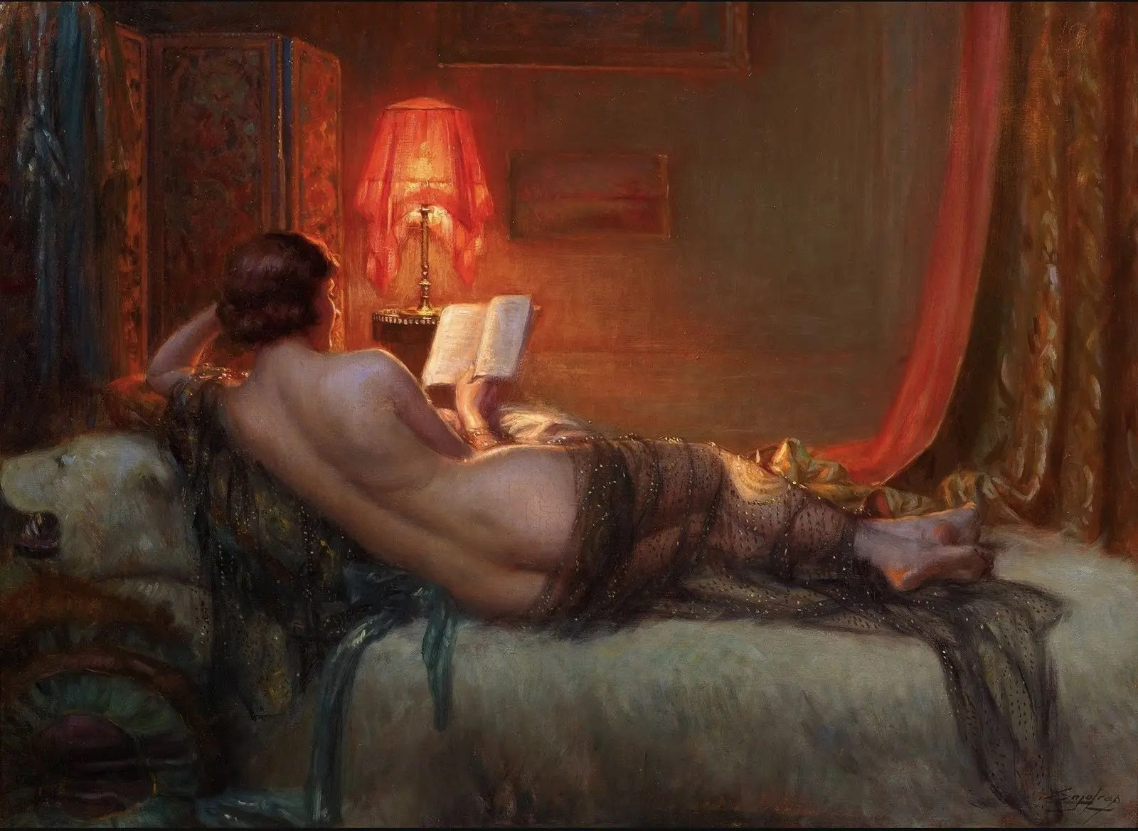 Delphin Enjolras - Reading Book Nude in Bed Red Light (1920s) - 17"x22" Art Print