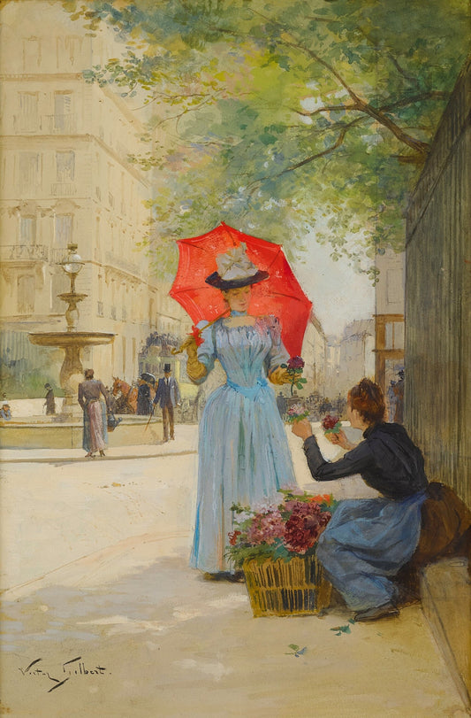 {{ product_title }} Fine Art Print | {{ product_vendor }} Jakero77 Victor Gabriel Gilbert - Young Woman with Umbrella Buying Flowers Roses Paris France (1880s) Art Print  Jakero77
