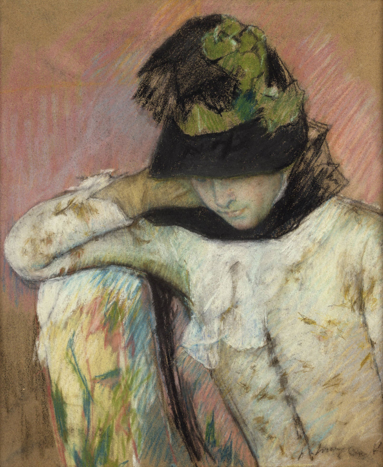 Mary Cassatt - Young Woman in Black/Green Bonnet Looking Down (1890) - 17" x 22" Fine Art Print