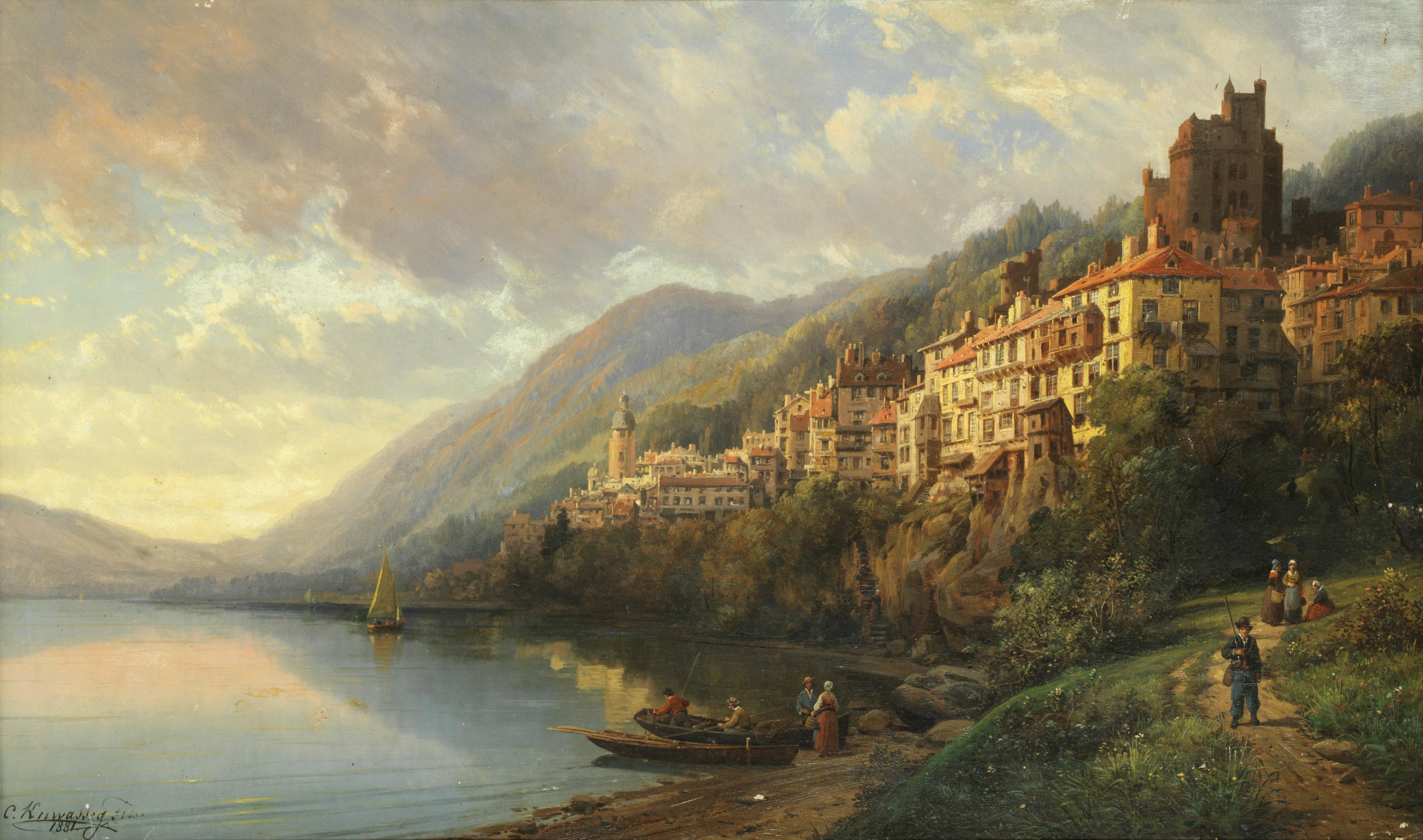 {{ product_title }} Fine Art Print | {{ product_vendor }} Jakero77 Charles Euphrasie Kuwasseg - Figures Before an Apline Town (1881) Print Art Print  Jakero77