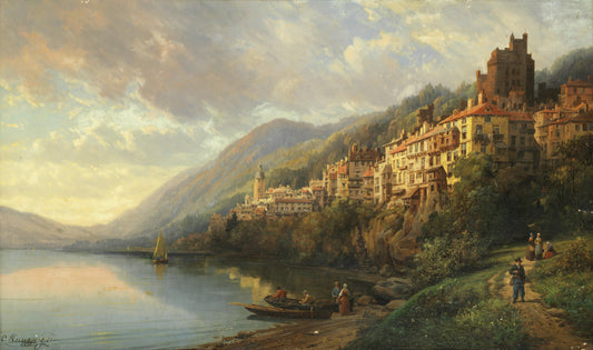 {{ product_title }} Fine Art Print | {{ product_vendor }} Jakero77 Charles Euphrasie Kuwasseg - Figures Before an Apline Town (1881) Print Art Print  Jakero77