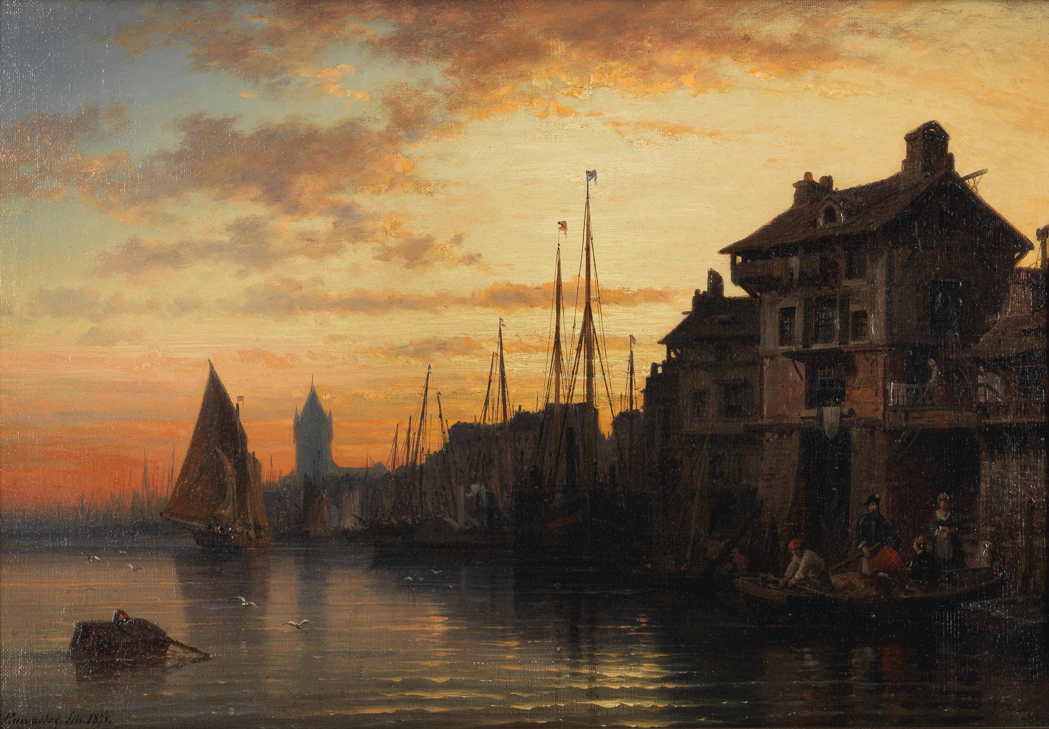 Charles Euphrasie Kuwasseg - Harbour Scene Evening (1870) - 17" x 22" Art Print