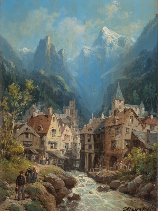 {{ product_title }} Fine Art Print | {{ product_vendor }} Jakero77 Charles Euphrasie Kuwasseg - Alpine Village with River (1880s) Print Art Print  Jakero77