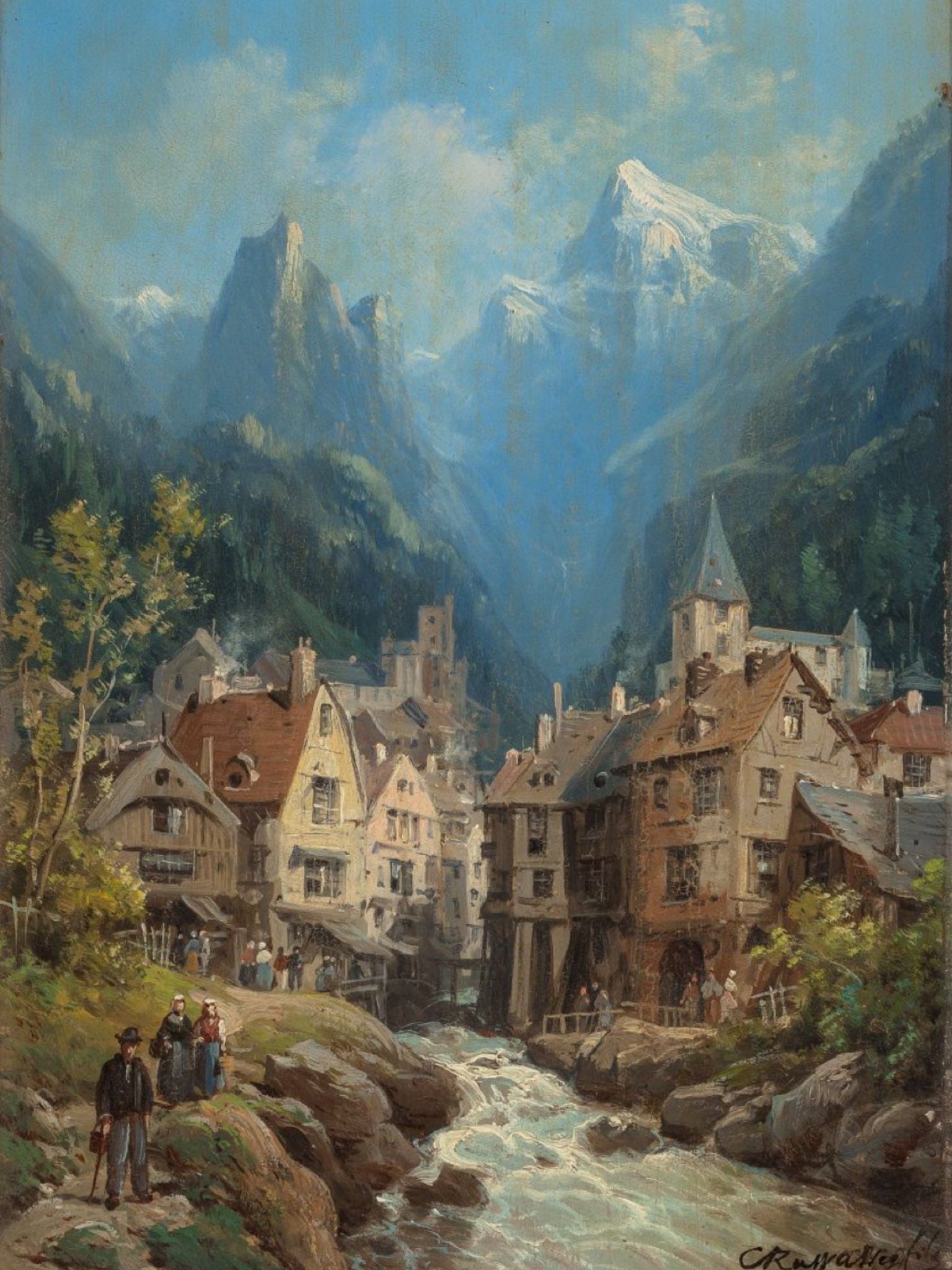 Charles Euphrasie Kuwasseg - Alpine Village with River (1880s) - 17" x 22" Print