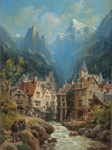 Charles Euphrasie Kuwasseg - Alpine Village with River (1880s) - 17" x 22" Print