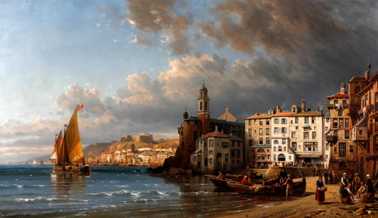 {{ product_title }} Fine Art Print | {{ product_vendor }} Jakero77 Charles Euphrasie Kuwasseg - Port Scene Ships & Figures (1876) Art Print Art Print  Jakero77