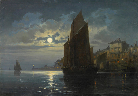 Charles Euphrasie Kuwasseg - Vessels at Moorings Under Moonlight (1867) - 17"x22" Fine Art Print