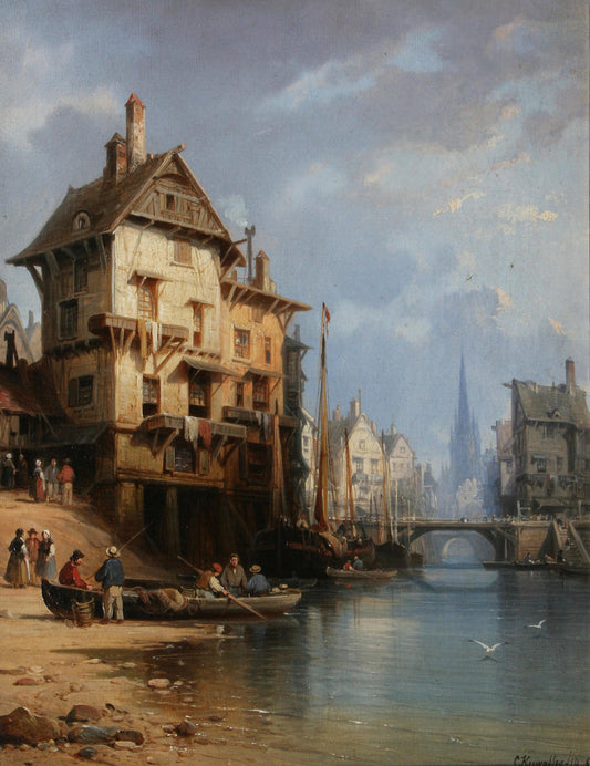 {{ product_title }} Fine Art Print | {{ product_vendor }} Jakero77 Charles Euphrasie Kuwasseg - Boatmen by Riverside Houses (1866) Art Print Art Print  Jakero77