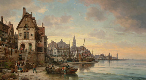 Charles Euphrasie Kuwasseg - A Busy French Harbour (1879) - 17" x 22" Art Print