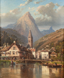 Charles Ephrasie Kuwasseg - Alpine Village Landscape (1870) - 17"x22" Art Print