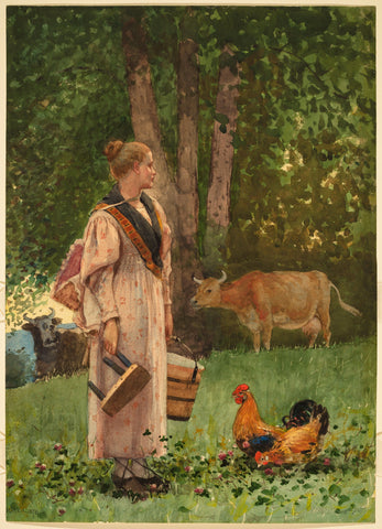 Winslow Homer The Milk Maid 1878 Rooster Cow in Pasture Fine Art Print 17" x 22"