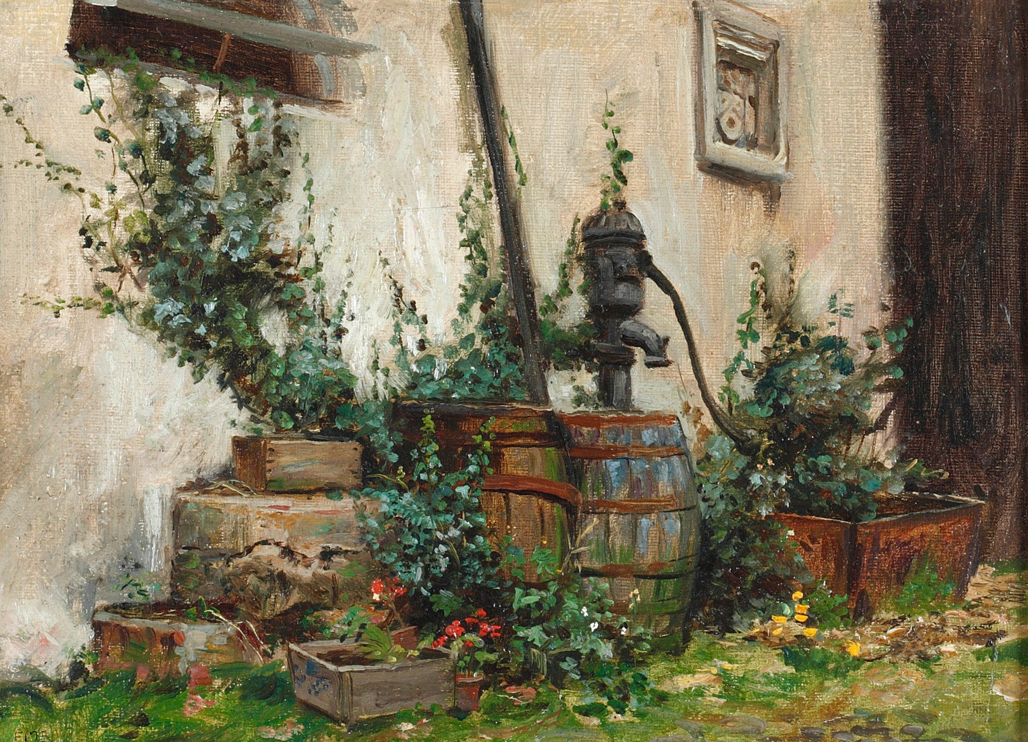 Frank Moss Bennett Cottage Wall with Water Pump Butt 1920 Fine Art Print 17"x22"