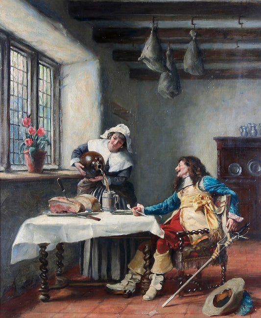 {{ product_title }} Fine Art Print | {{ product_vendor }} Jakero77 Frank Moss Bennett Interior Scene Maid Cavalier Seated Table 1914 Print Art Print  Jakero77