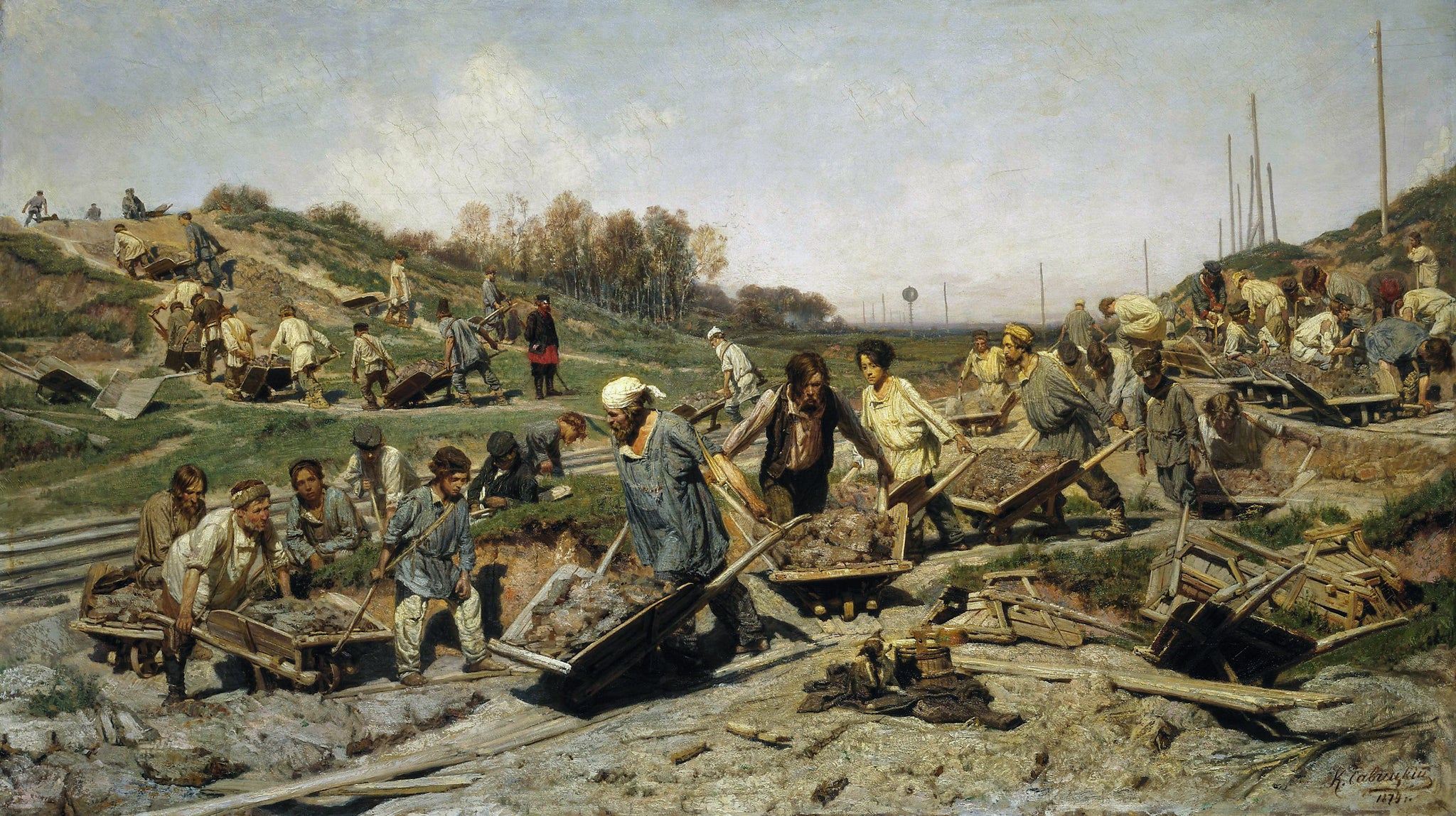 Konstantin Savitsky Repairing the Railway 1874 Railroad Fine Art Print 17" x 22"