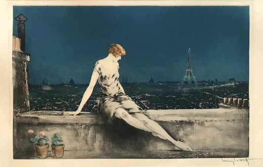 {{ product_title }} Fine Art Print | {{ product_vendor }} Jakero77 Louis Icart Mimi Pinson Paris 1927 Eiffel Tower Night Fine Art Print Art Print  Jakero77