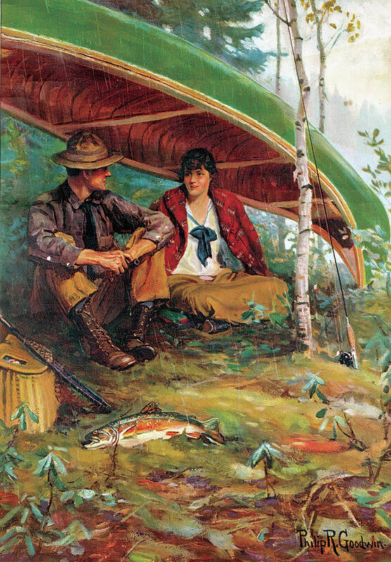 Philip R Goodwin Couple Take Refuge from Rain Under Boat 1910s Fine Art Print 17"x22"