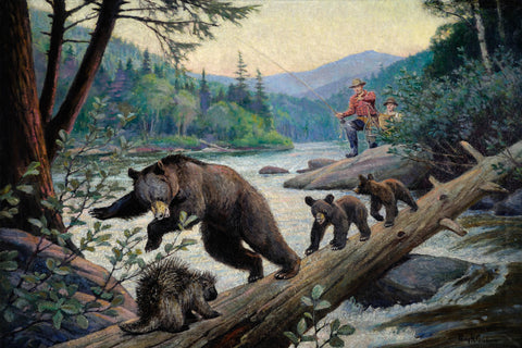 Philip R Goodwin Between Two Fires 1933 Bear and Cubs Fine Art Print 17" x 22"
