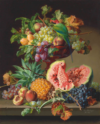 Anton Hartinger Still Life with Fruit and a Parrot 1867 Fine Art Print 17" x 22"