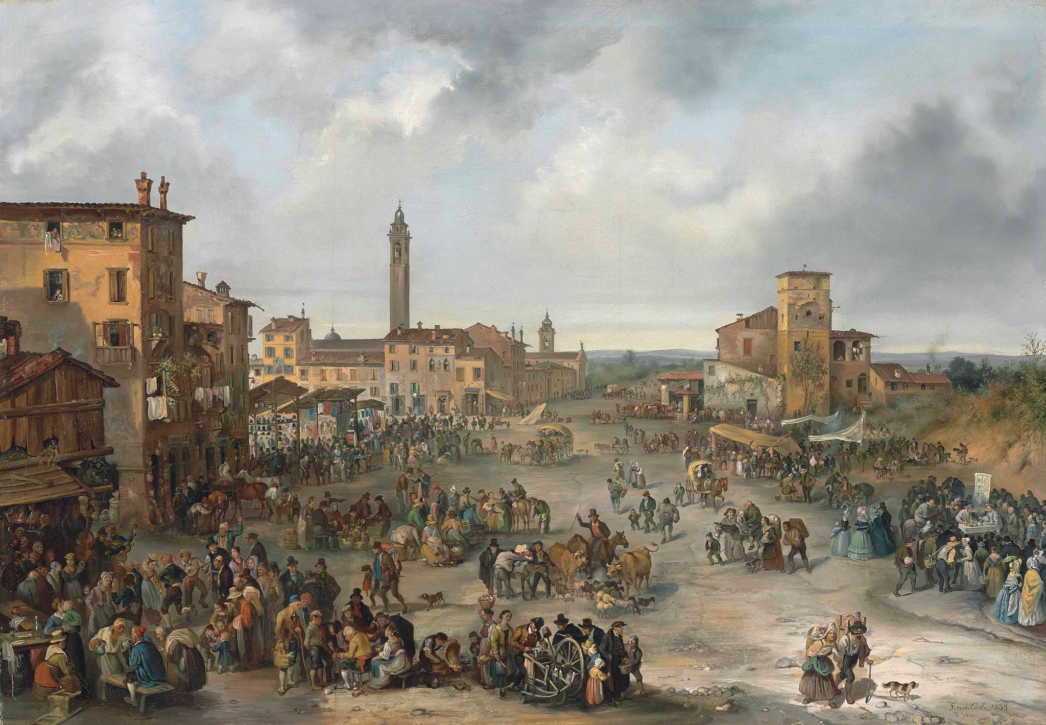 Carlo Ferrari Market Scene Fair of Sant Alessandro 1839 Fine Art Print 17" x 22"