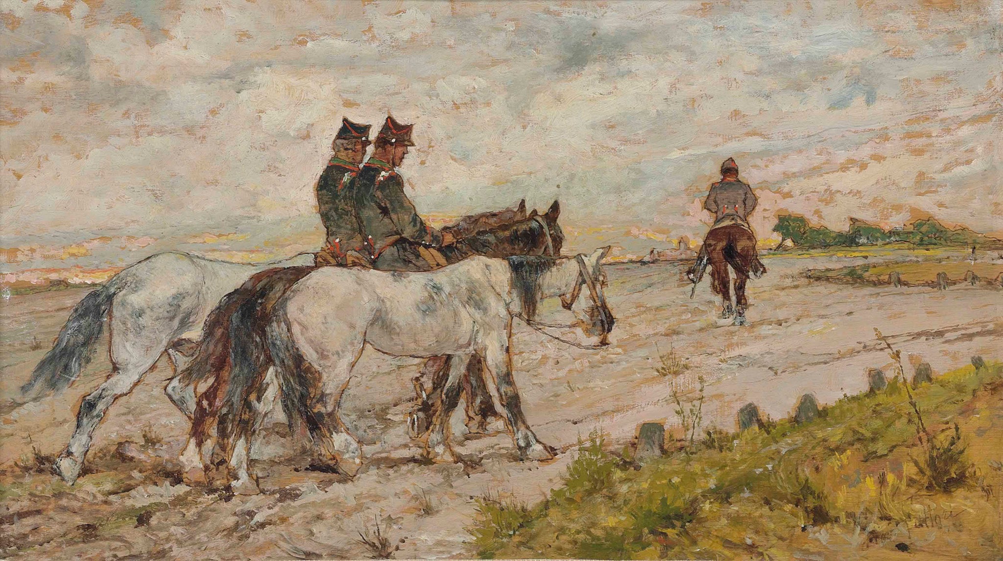 Giovanni Fattori Three Soldiers Riding in an Estuary 1860s Art Print 17" x 22"