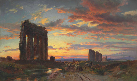 Hermann David Salomon Corrodi Roman Aqueduct Sunset 1880s Fine Art Print 17"x22"