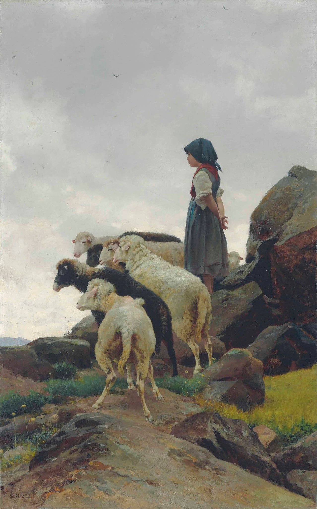Stefano Bruzzi La Piccola Guardiana Girl with Sheep 1885 Fine Art Print 17"x22"