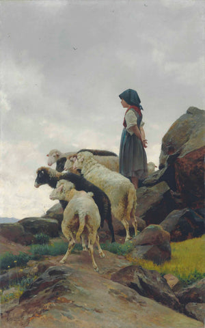 Stefano Bruzzi La Piccola Guardiana Girl with Sheep 1885 Fine Art Print 17"x22"