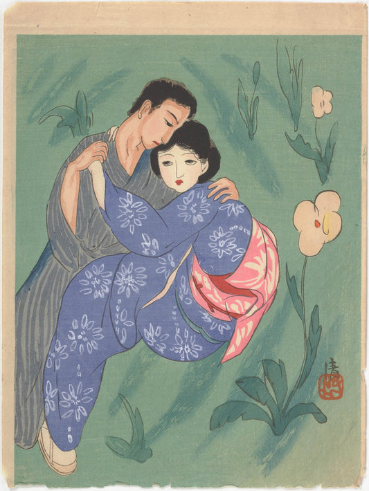 Kobayakawa Kiyoshi The Embrace 1929 Japanese Lovers Fine Art Print 17" x 22"