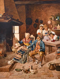 Filippo Indoni A Kitchen Interior with a Couple by the Fireside, with three Young Girls pouring Wine into a Carafe 1893 Fine Art Print