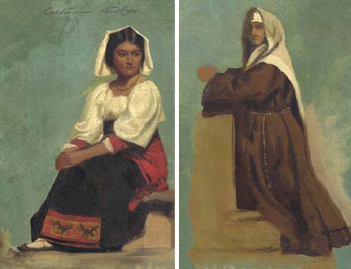 Albert Bierstadt Costume Study of a Seated Woman and Italian Costume Sketch of a Kneeling Nun 1857-1858 Fine Art Print