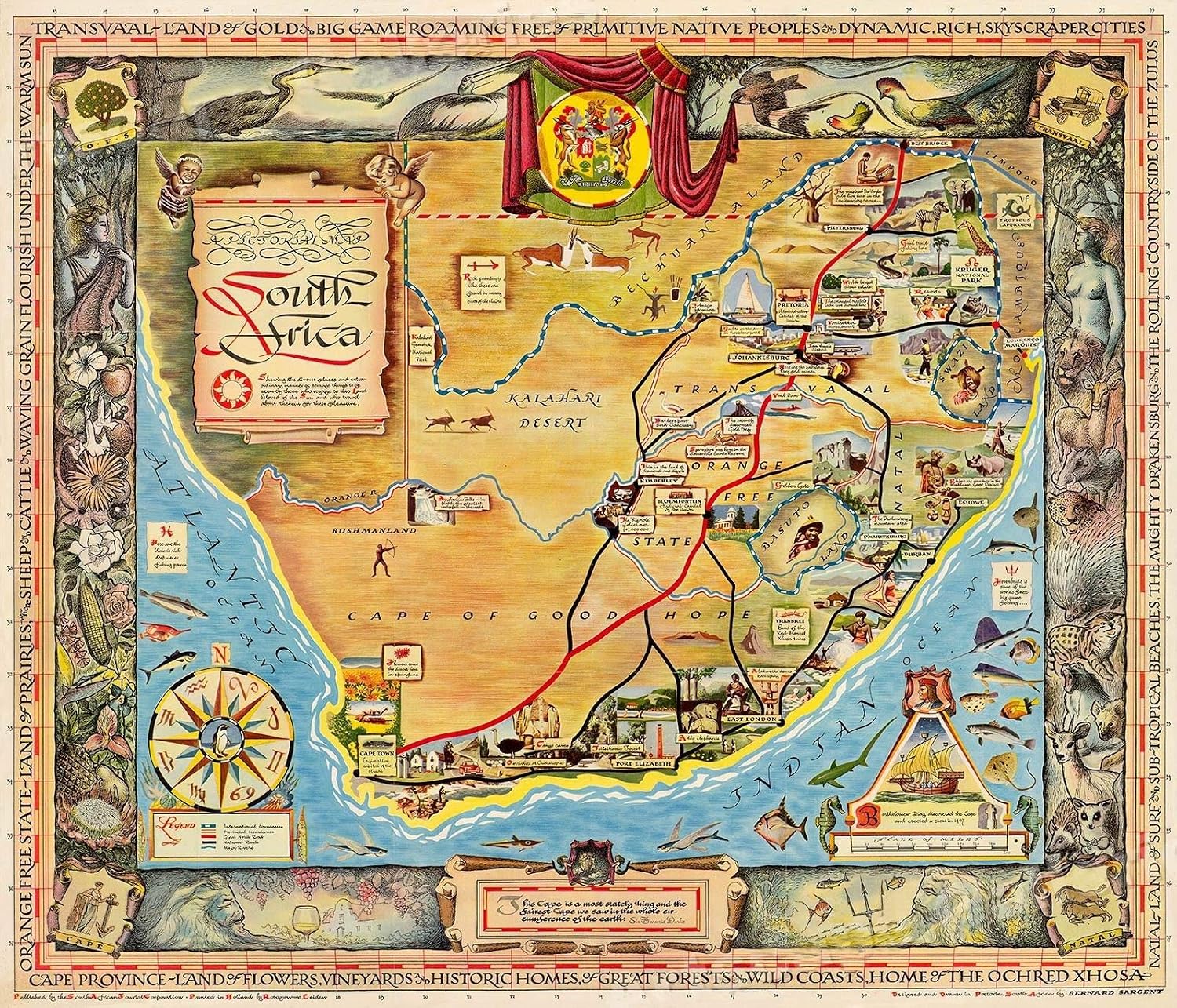 Pictorial Map of South Africa Vintage Illustrated Map 1950 Fine Art Print