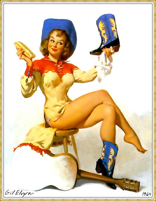 A Polished Performance Gil Elvgren Western Pin-Up Vintage 1964 Fine Art Print