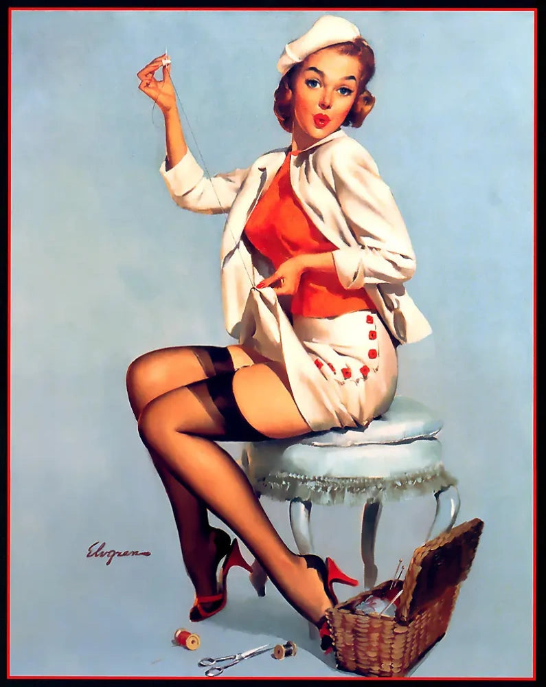 Gil Elvgren A Stitch in Time Vintage Pin-Up Girl Sewing 1957 Fine Art Print