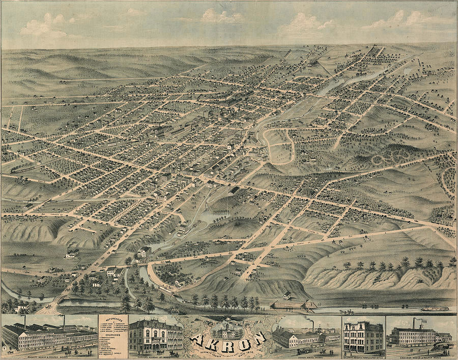 Akron-Middlebury Ohio Vintage Panoramic City Map Print 1882 Fine Art Print