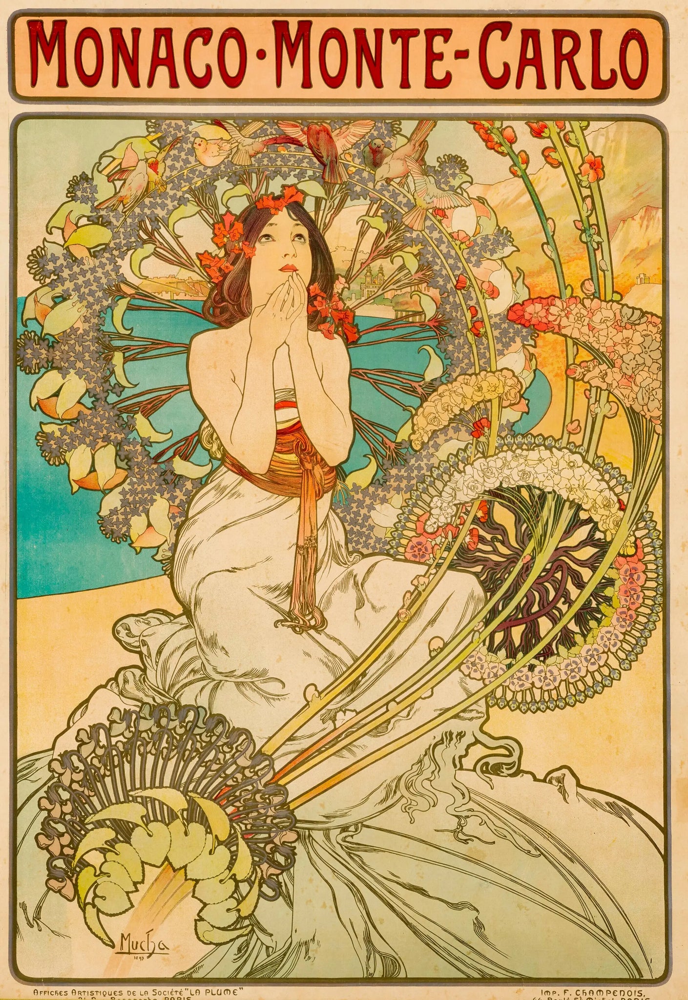 {{ product_title }} Fine Art Print | {{ product_vendor }} Jakero77 Alphonse Mucha - Monaco Monte Carlo (1897) Railroad Ad - 17"x22" Fine Art Print Art Print  Jakero77
