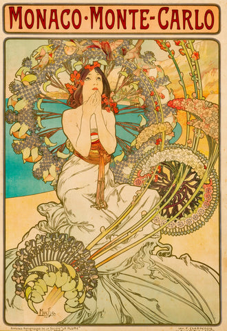 {{ product_title }} Fine Art Print | {{ product_vendor }} Jakero77 Alphonse Mucha - Monaco Monte Carlo (1897) Railroad Ad - 17"x22" Fine Art Print Art Print  Jakero77