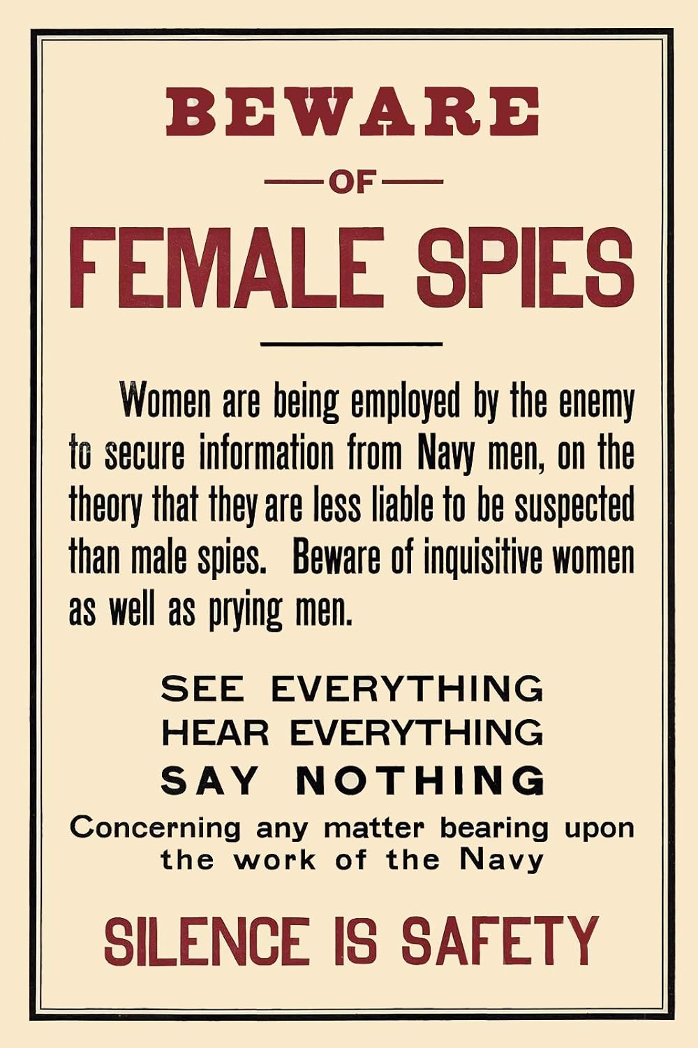 "Beware of Female Spies!" World War I Espionage Poster 1917 Fine Art Print