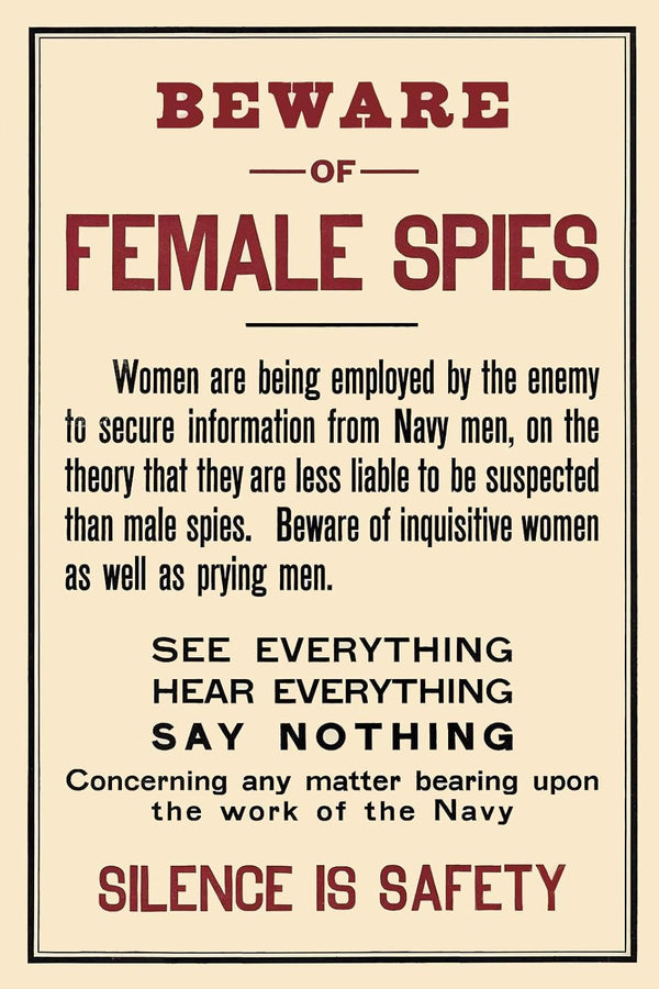 "Beware of Female Spies!" World War I Espionage Poster 1917 Fine Art Print