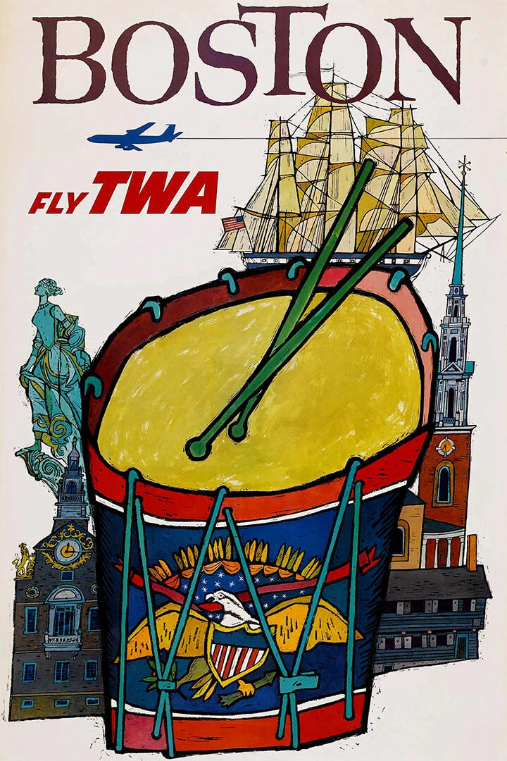 Fly TWA Jets Boston Travel Poster Mid Century Airline 1960 Fine Art Print