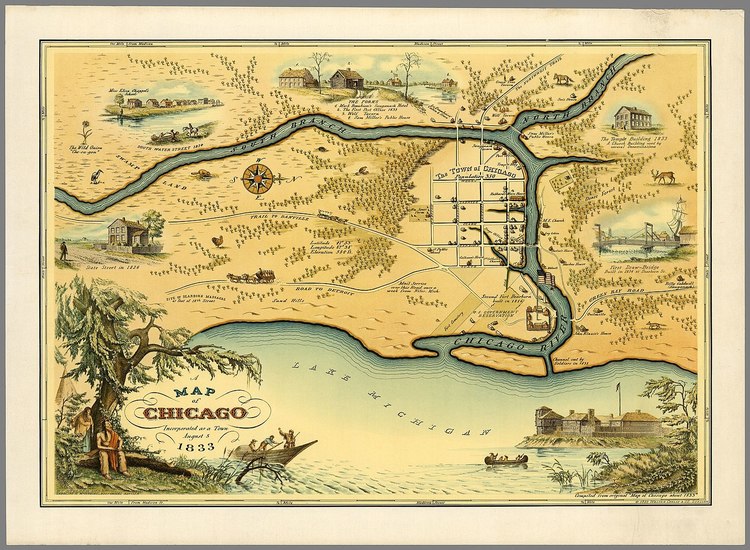 Historic Map of Chicago Illinois Vintage Style Wall Map 1833 Fine Art Print